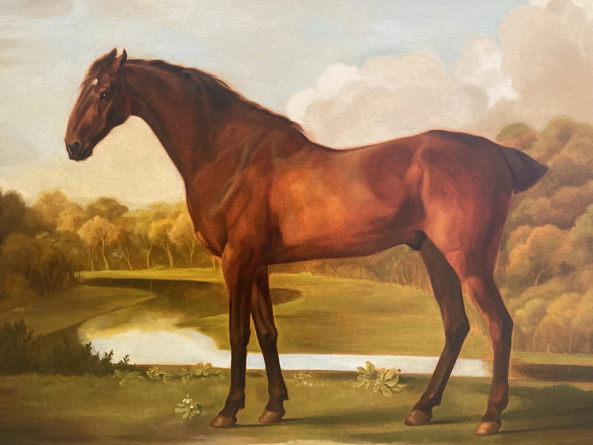 Painting of a brown horse standing on grass near a river with trees and blue sky in the background.