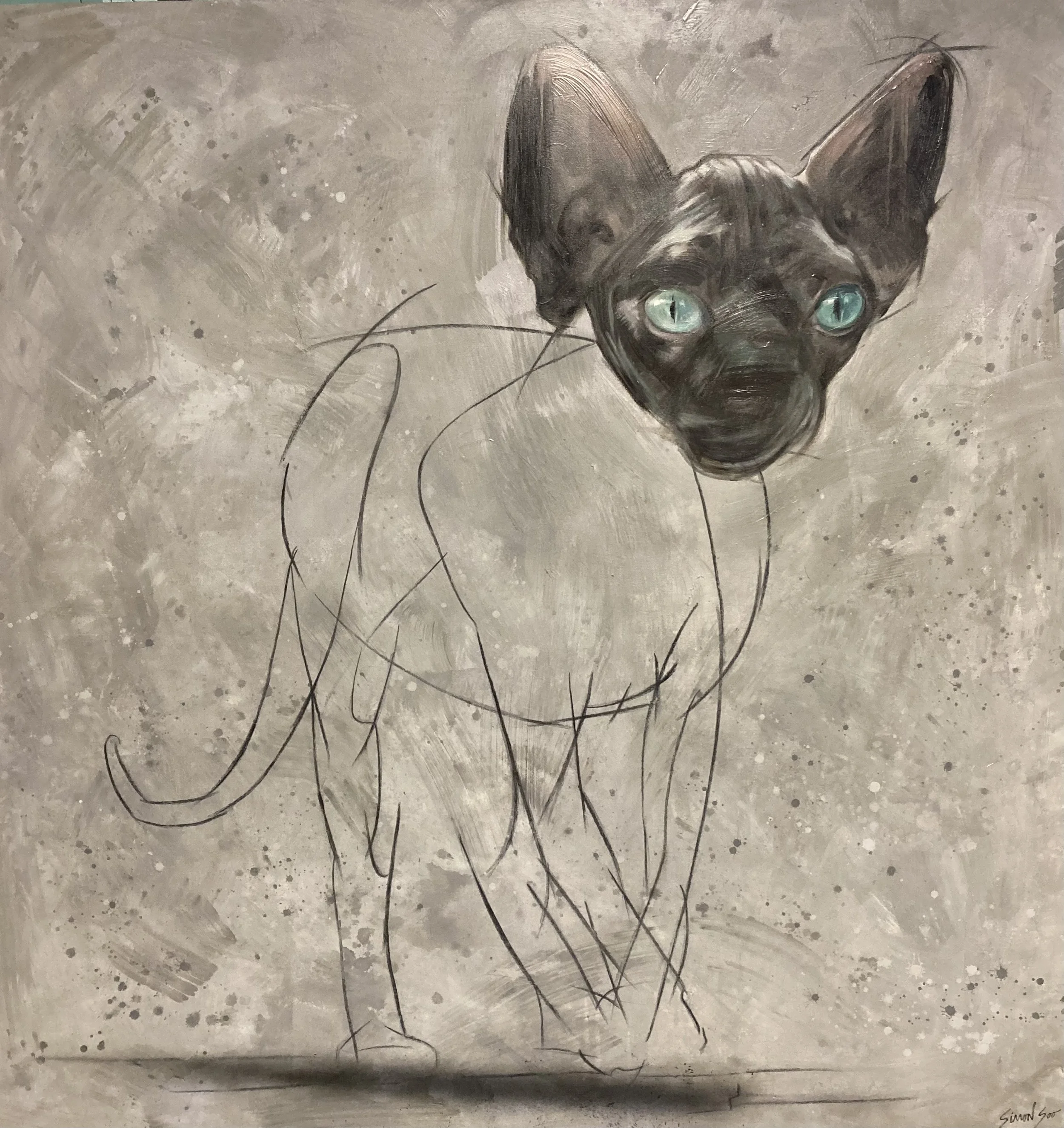 Painting of a black cat with blue eyes, partially sketched with loose black lines on a gray textured background.