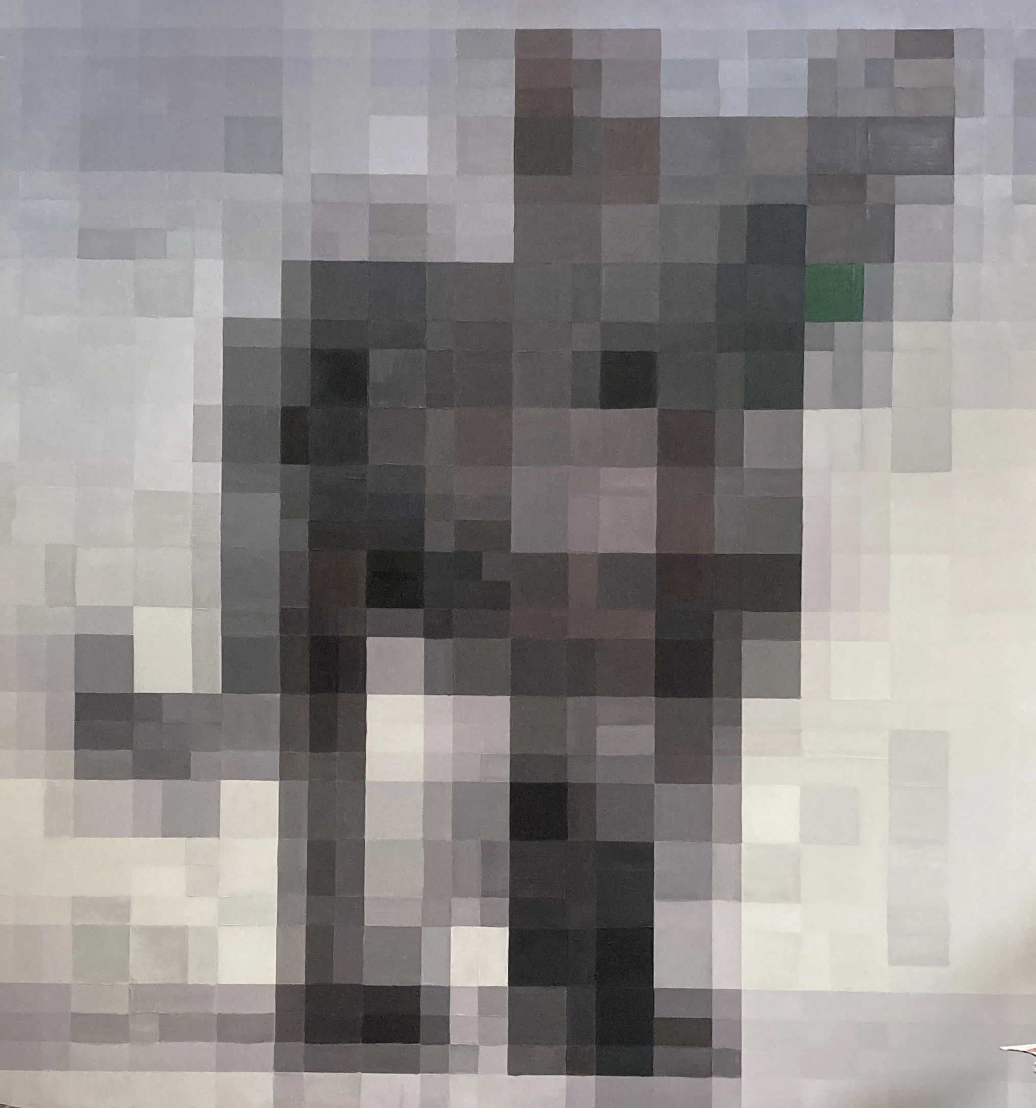 A highly pixelated image of a person standing with a dog, with the person holding the dog on a leash, in front of a light-colored background.