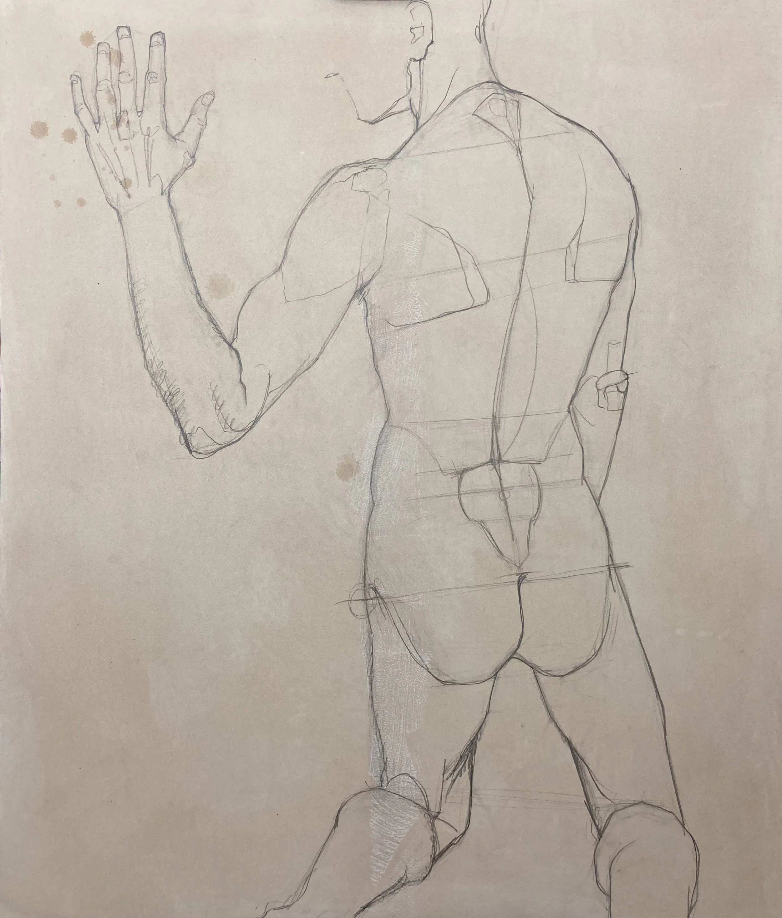 A pencil sketch of a male figure showing the back, with one arm raised and hand open, on paper with ink splatters.