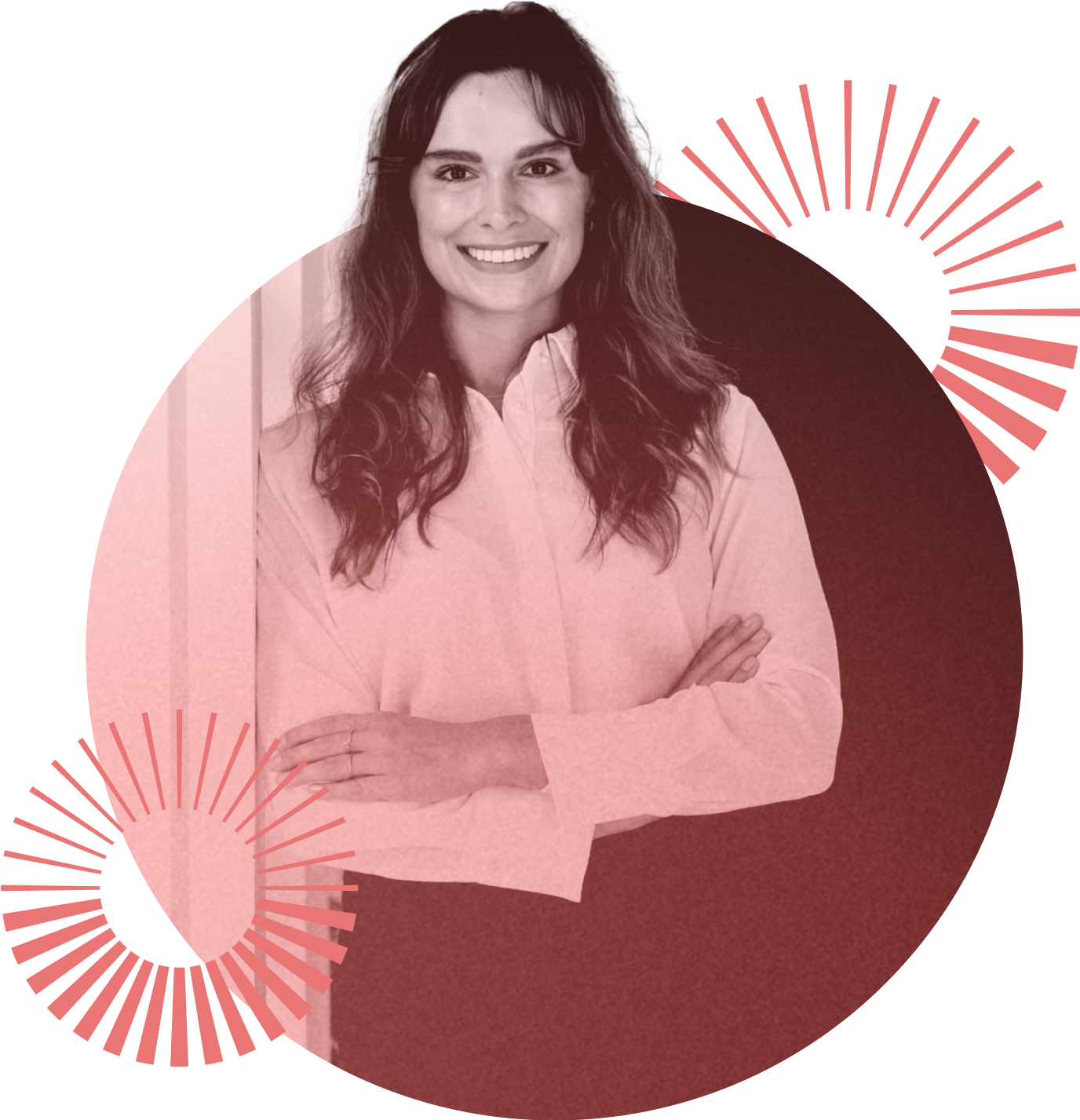 Smiling woman with long hair in a white blouse, arms crossed, with a stylized graphic background of red circles and sunburst patterns.