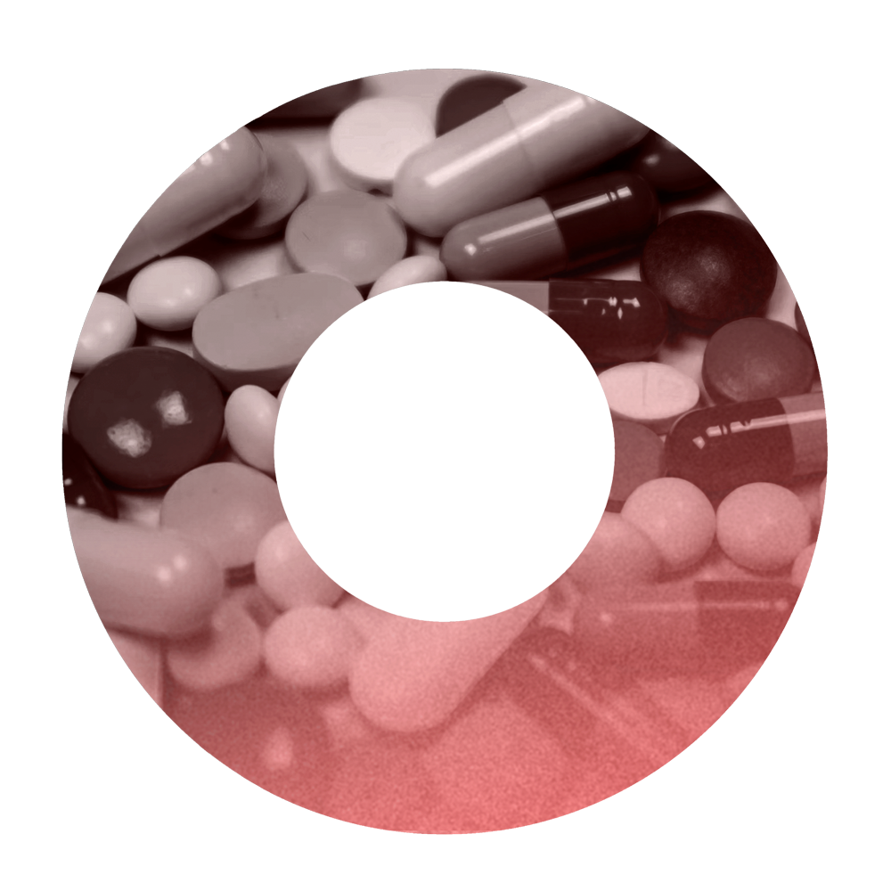 Various pills and capsules with a textured sphere overlay