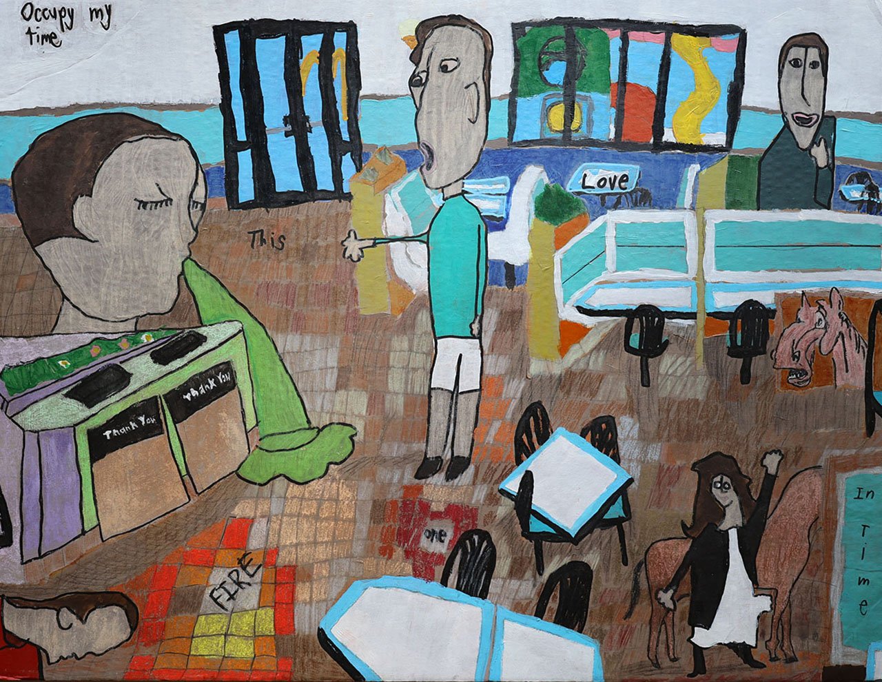 Zachary Threw Up, 2023, Pastel, Acrylic and Marker on Cardboard, 20 x 33