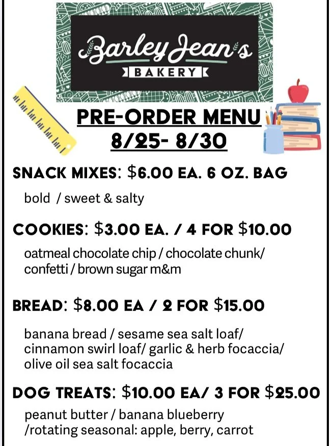 Get your orders in for the week!  Rotating cookie is Oatmeal Chocolate Chip and rotating loaf is Banana Bread🍌🍞