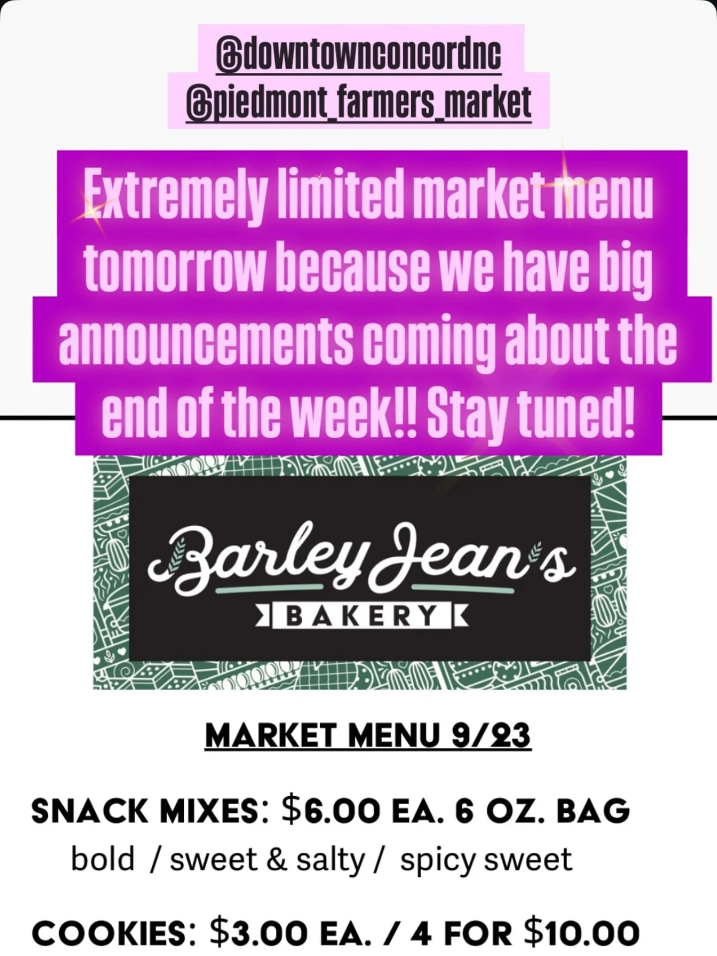We will post more tomorrow morning, but please be patient with our limited menu at our markets this week!  Good news on the way 🥰