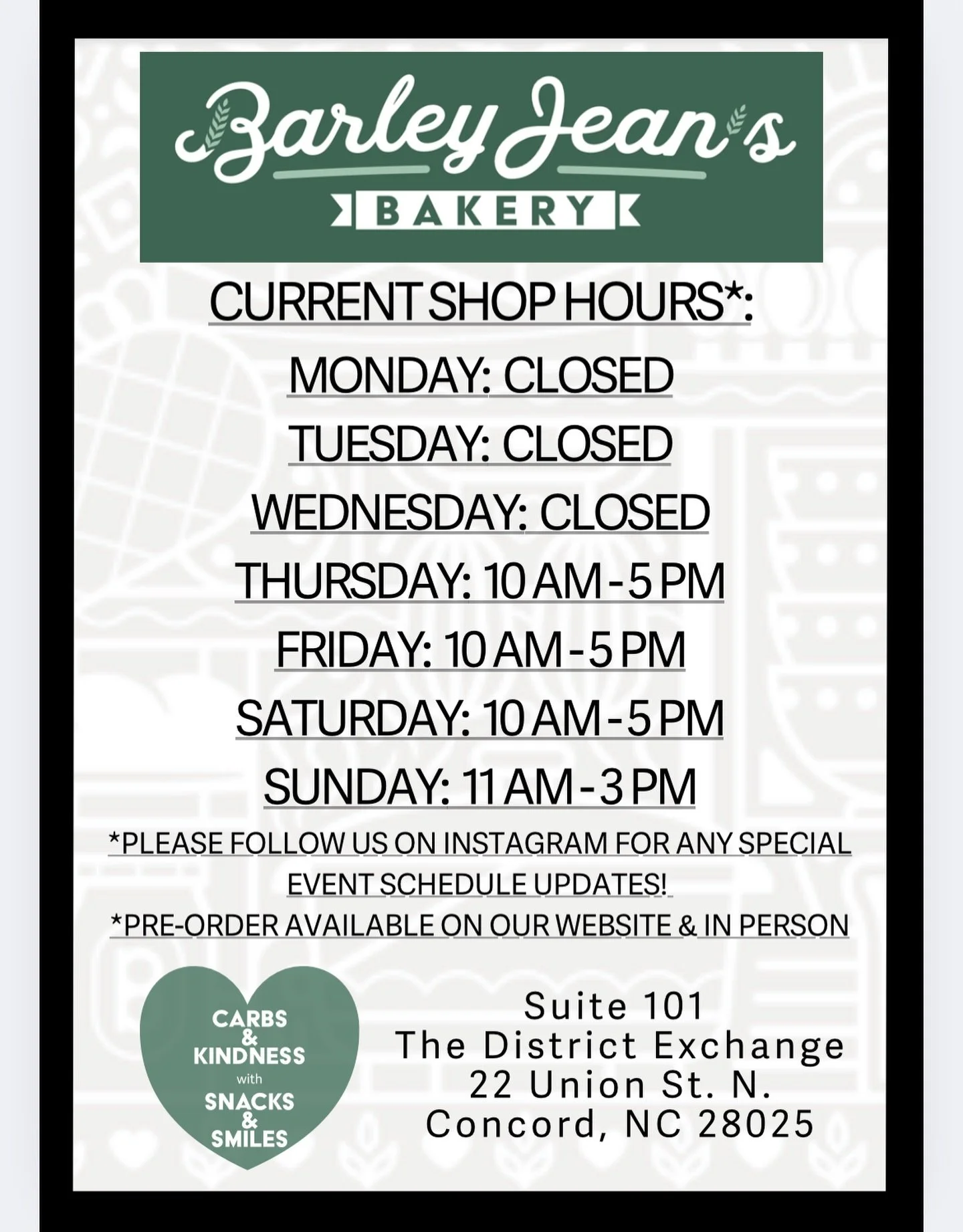 Hey there! We are updating our hours for this week and next week.  We will see you Thursday-Saturday 10-5 and Sunday 11-3.  Thank you and we will see you at the store Thursday!