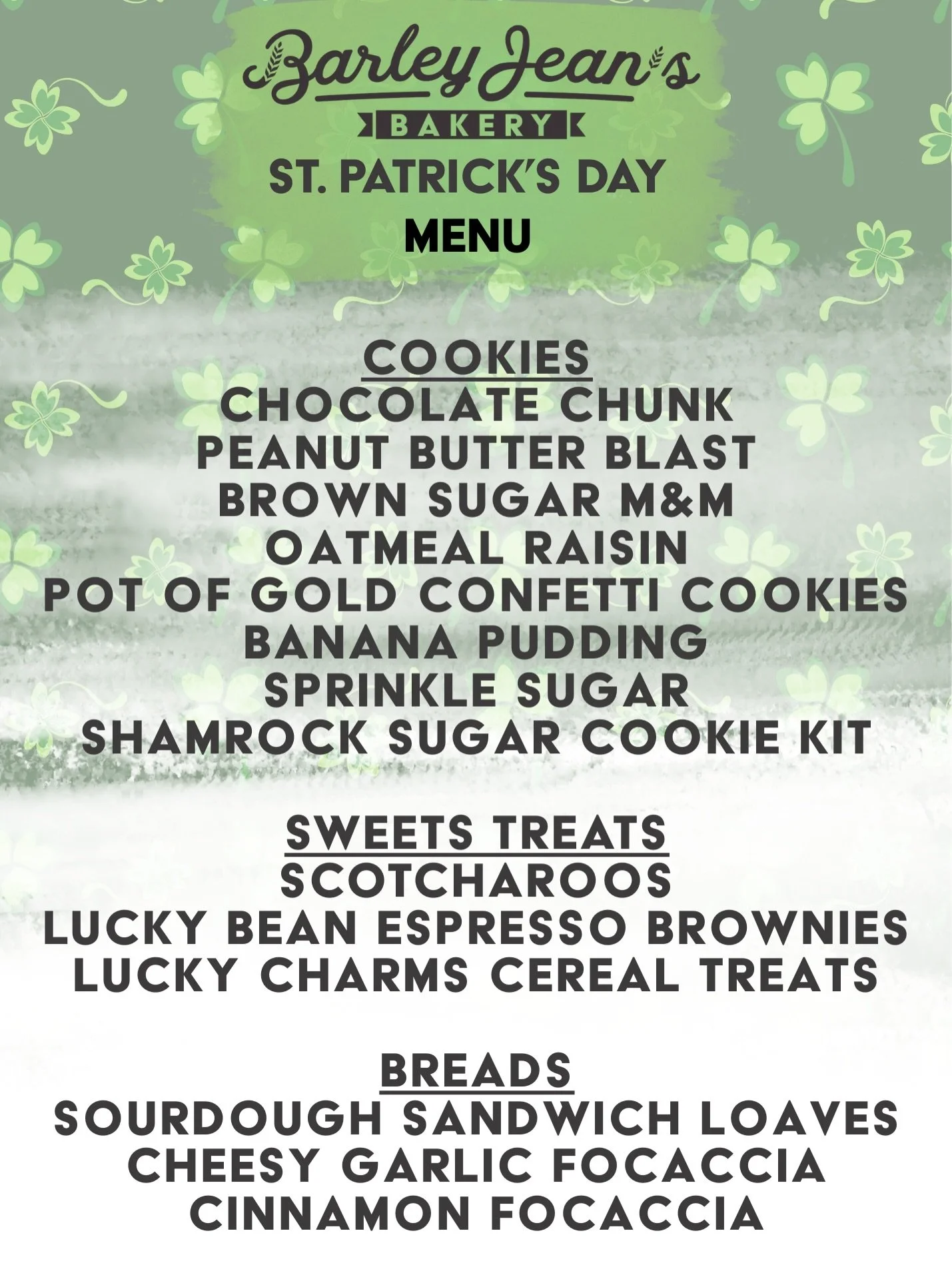 In the excitement of getting ready for tomorrow&rsquo;s big event @thedistrict.exchange ,  I forgot to post our cookies and treats  menu! Shamrock cookie kits available in store and decorating station set up until 4 pm! (Same table you can pick up th