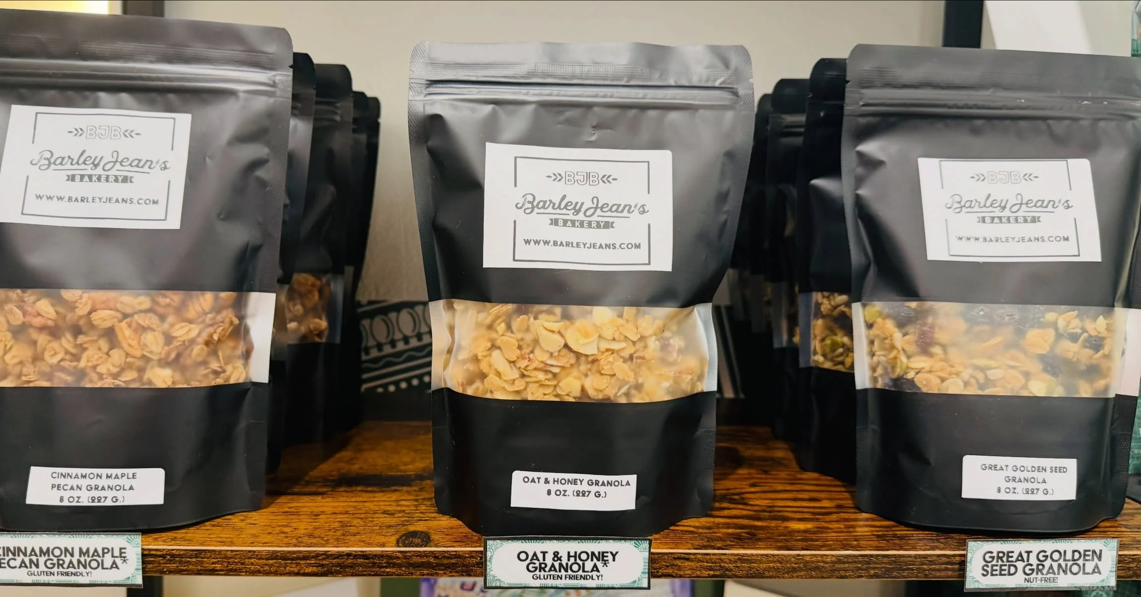 Fully restocked granola! Updates: our Nut-Free Great Golden Seed Granola is back &amp; our Cinnamon Maple Pecan and Oat &amp; Honey Granola are now gluten-friendly (made with all gluten-free products). We also have our Gluten-Friendly Cinnamon Coffee