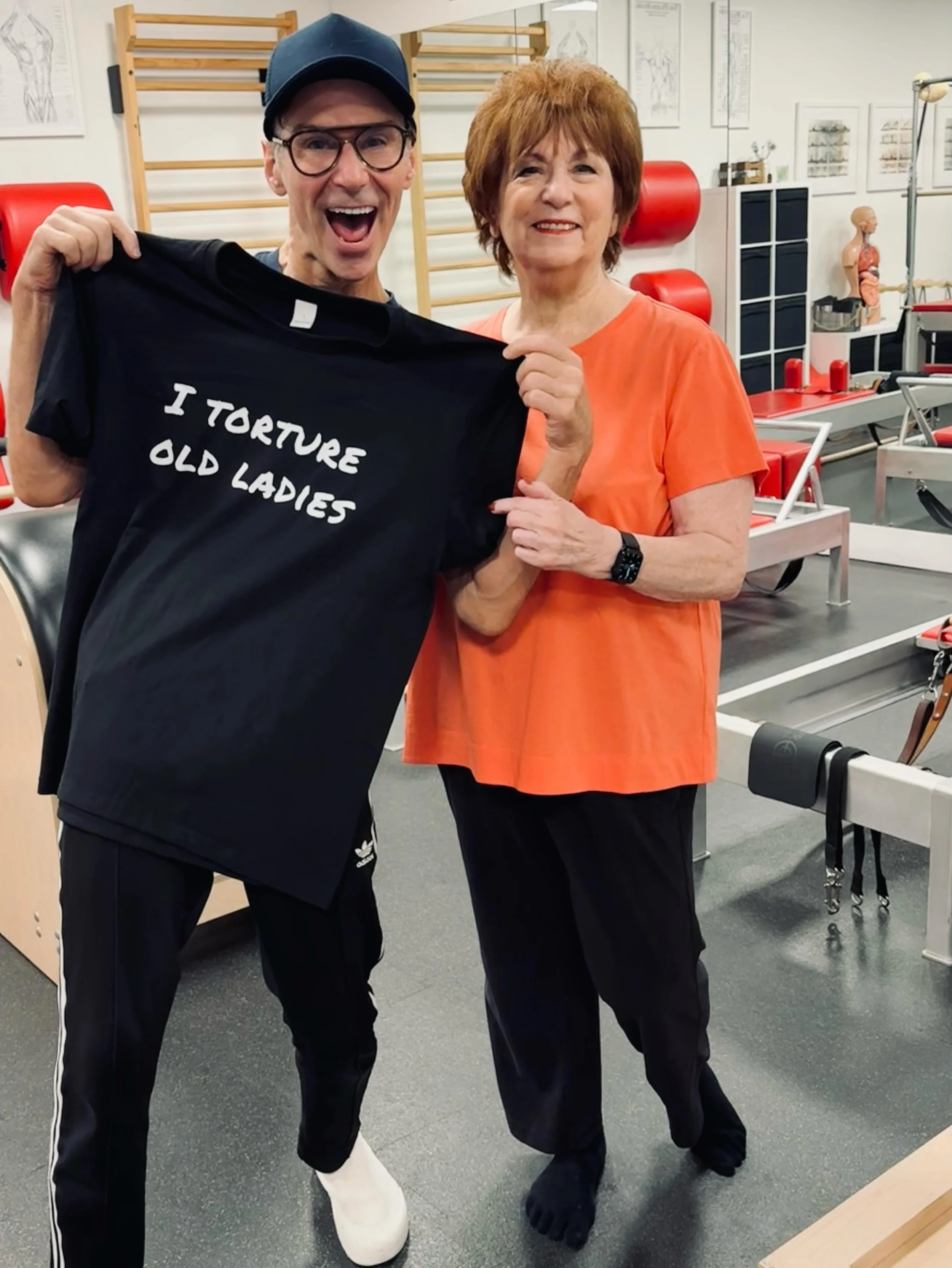 Proof that my students know me well. 😂
After years of joking that Pilates is my favorite way to torture old ladies, she surprised me with this T-shirt.
I couldn&rsquo;t love it more. Thanks for keeping me laughing and for always working so hard! ❤️
