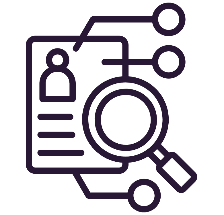 magnifying icon with a magnifying glass on top of a document with a silhoette of a person and text.png