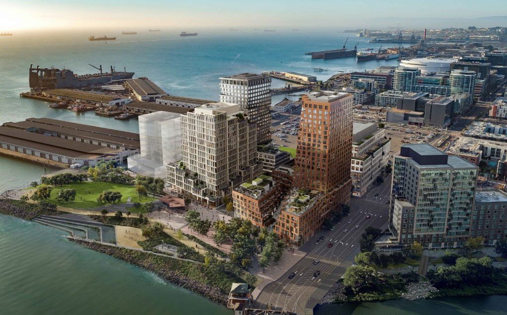 Aerial rendering of Mission Rock Blocks B and G within the waterfront neighborhood and surrounding public spaces.