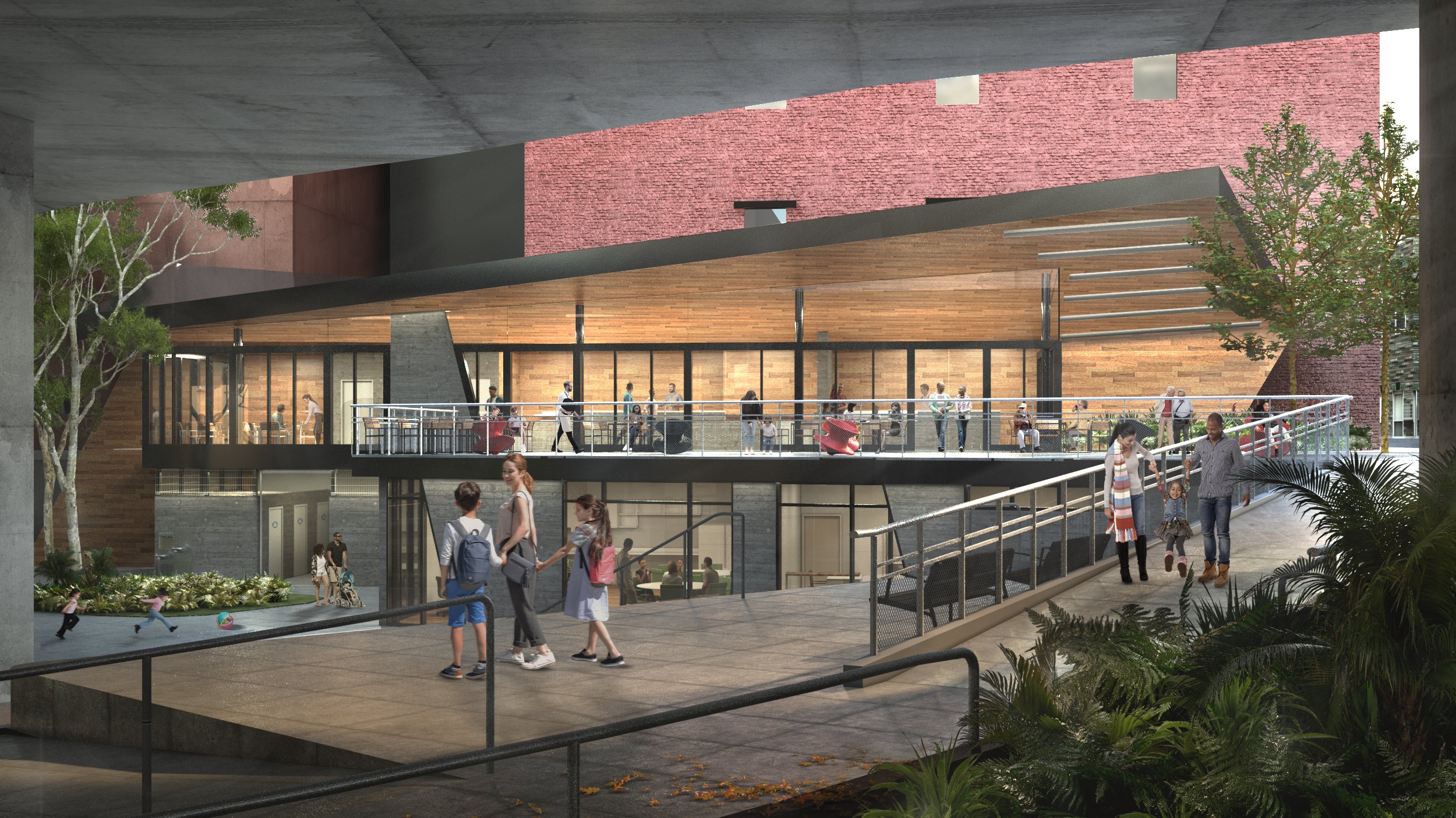 Architectural rendering of an accessible ramp leading to a wood-clad pavilion beneath an elevated roadway.