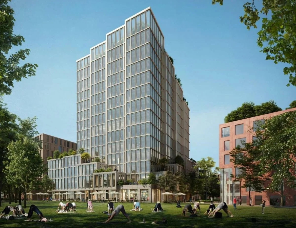 Rendering of Mission Rock Block G overlooking a landscaped park with stepped terraces and active ground-floor spaces.