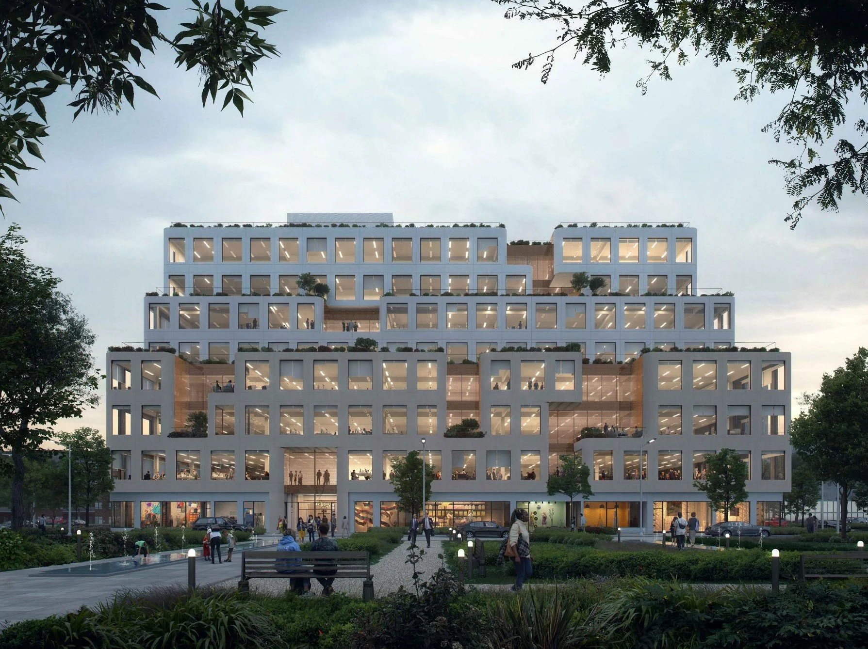 Rendering of Mission Rock Block B with stepped terraces, landscaped setbacks, and active ground-floor spaces facing the park.