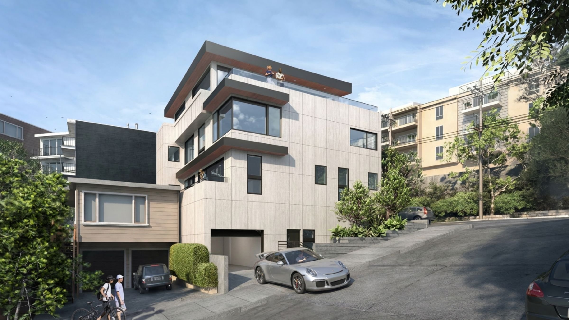 Architectural rendering of a modern hillside residence with large windows, rooftop terrace, and integrated garage.