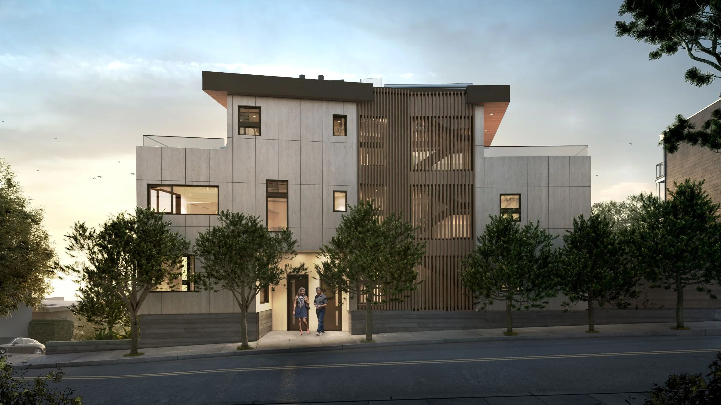 Architectural rendering of a modern multi-story residence at dusk with vertical wood screening and illuminated interiors.