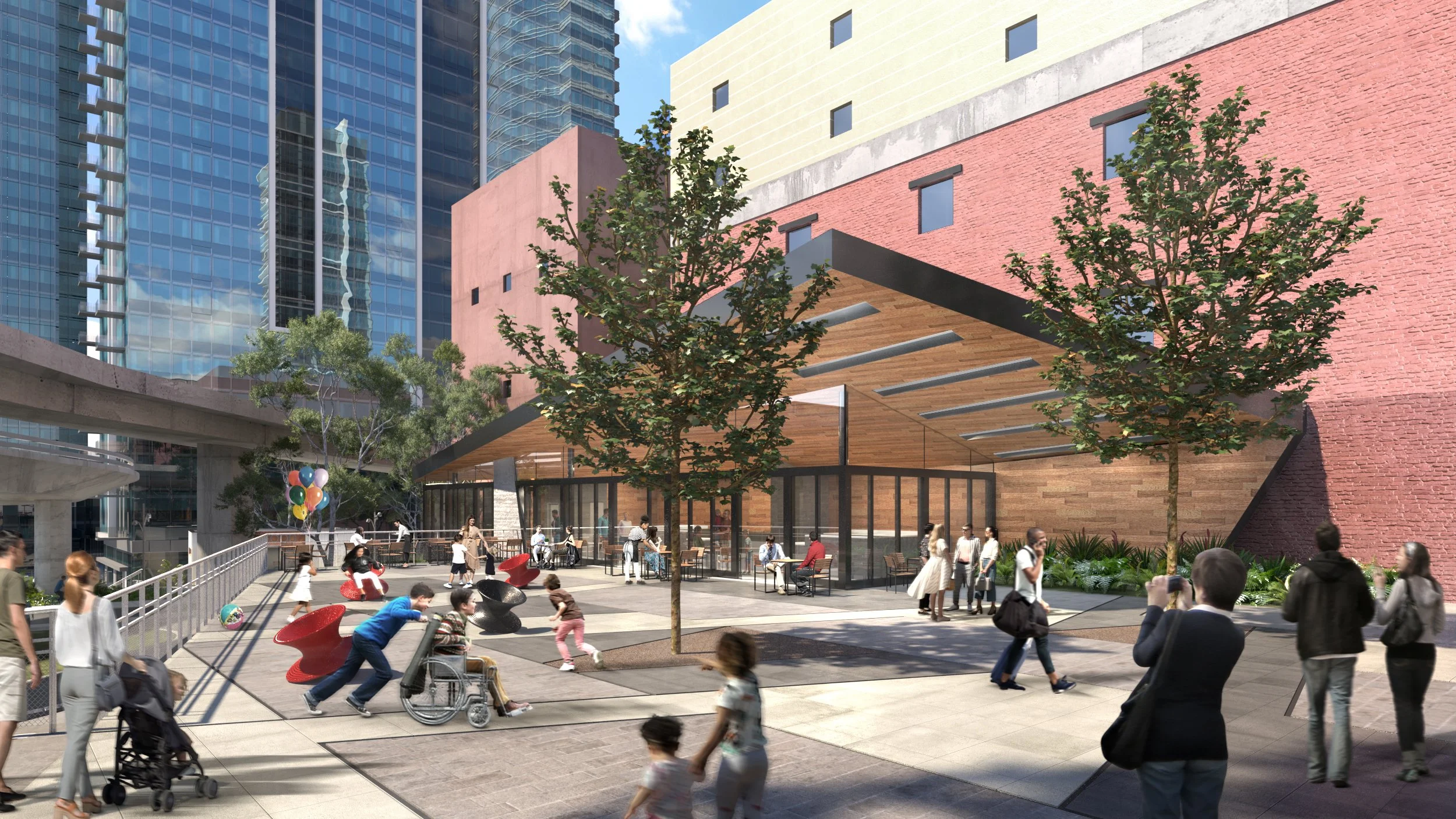 Architectural rendering of a landscaped urban plaza with play areas, seating, and a wood-clad pavilion.