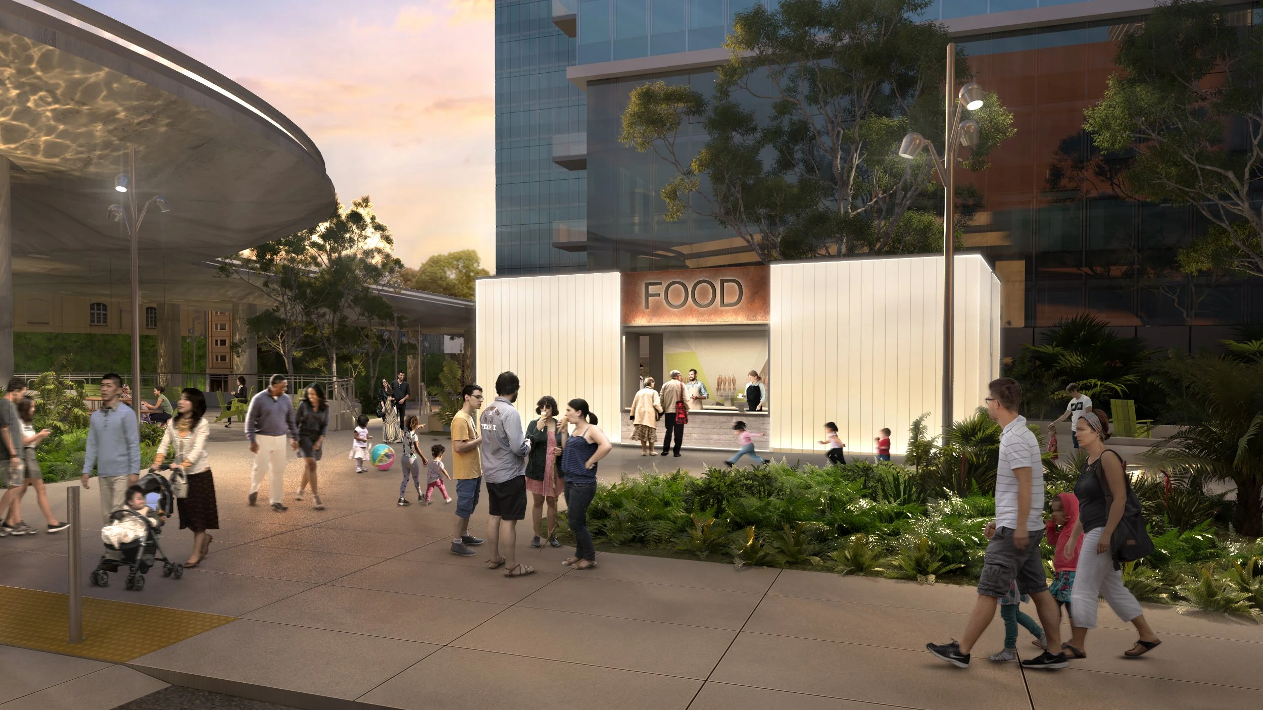 Architectural rendering of a landscaped plaza beneath an elevated roadway with a food kiosk and pedestrians.