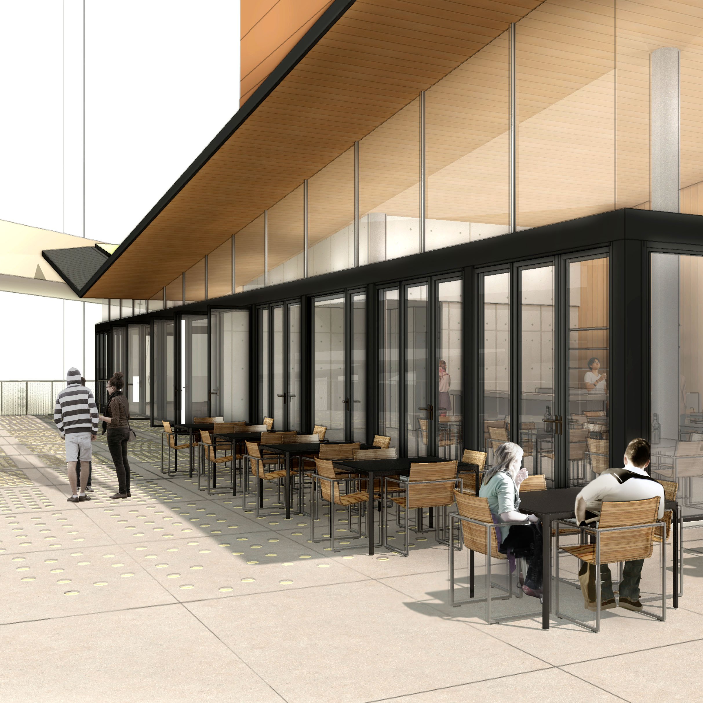 Architectural rendering of an outdoor dining terrace with glass walls, wood soffits, and café seating.
