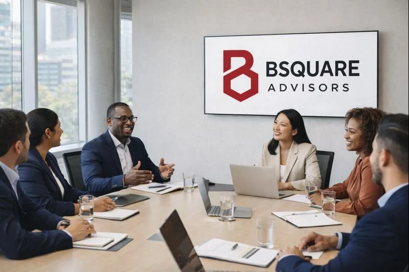 Group of diverse business professionals in a meeting room with BSQUARE ADVISORS logo on the wall, seated around a conference table with laptops, notebooks, and glasses of water.
