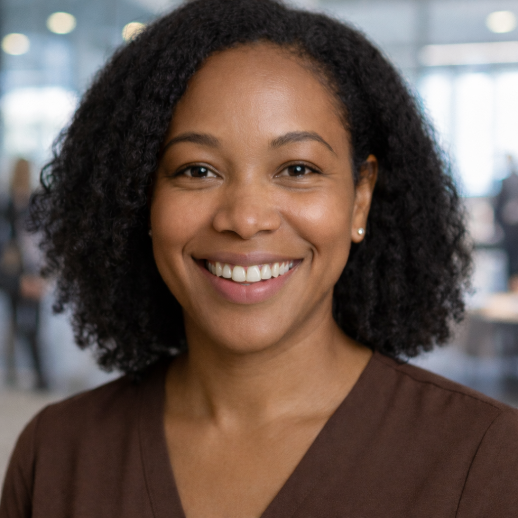 A woman with medium skin tone and curly black hair smiling at the camera, wearing a dark brown top and small earrings against a plain gray background.