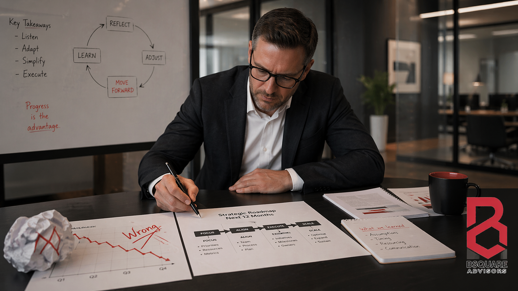 Man in formal attire reviewing and analyzing business documents on a desk, with a whiteboard in the background displaying a workflow diagram and key takeaways, in a modern office setting.