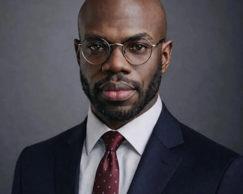 Yannick Brookes in blue suit, white shirt, and blue tie, on a white background.