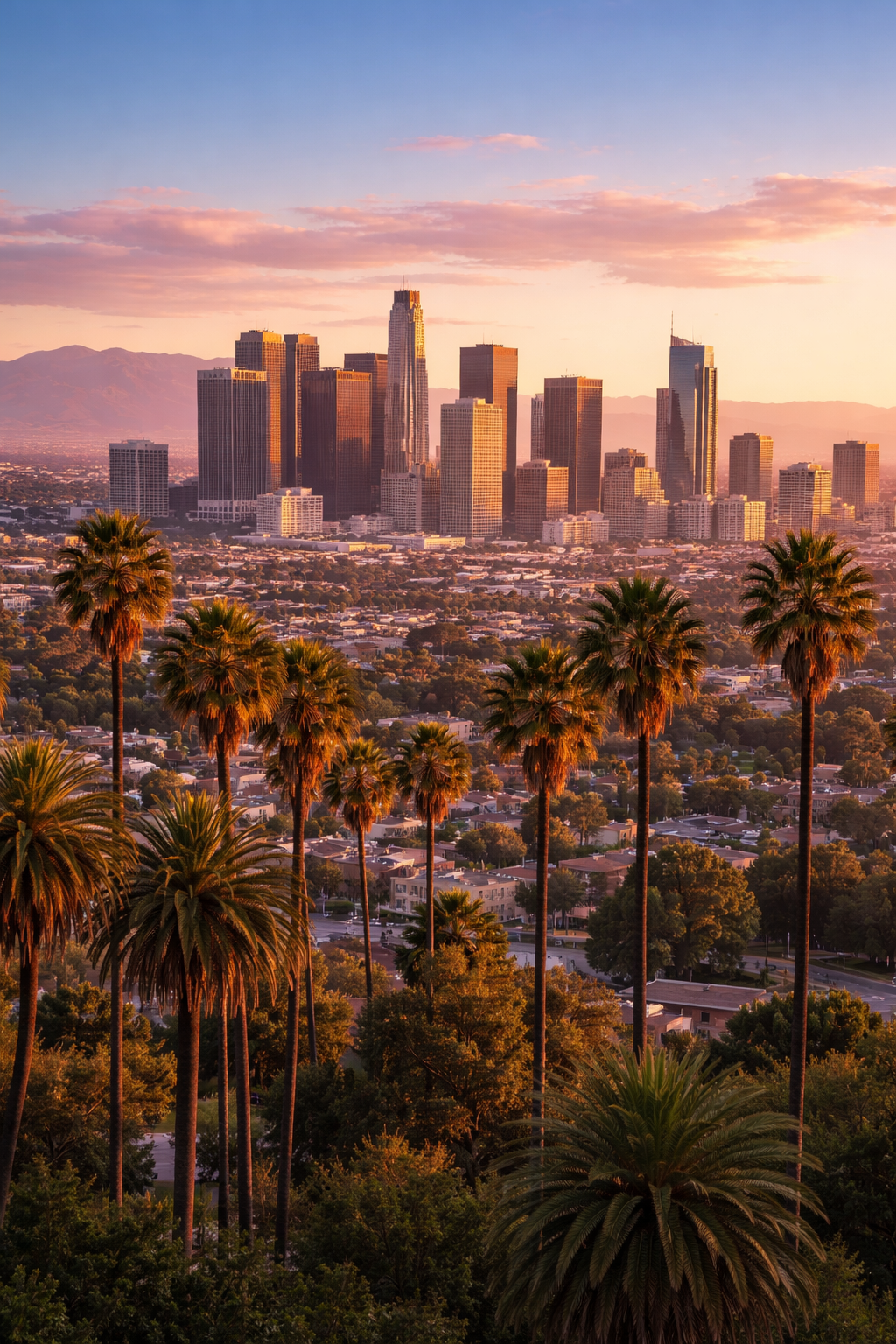 A city skyline of Los Angeles at sunset, with tall skyscrapers and palm trees in the foreground.