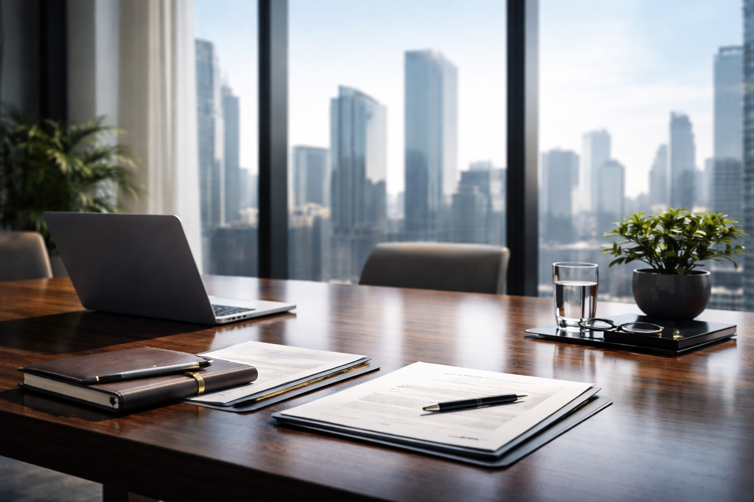 Office conference room with a wooden table, laptop, notebooks, papers, a pen, a glass of water, glasses, and a potted plant, with large windows showing a city skyline.