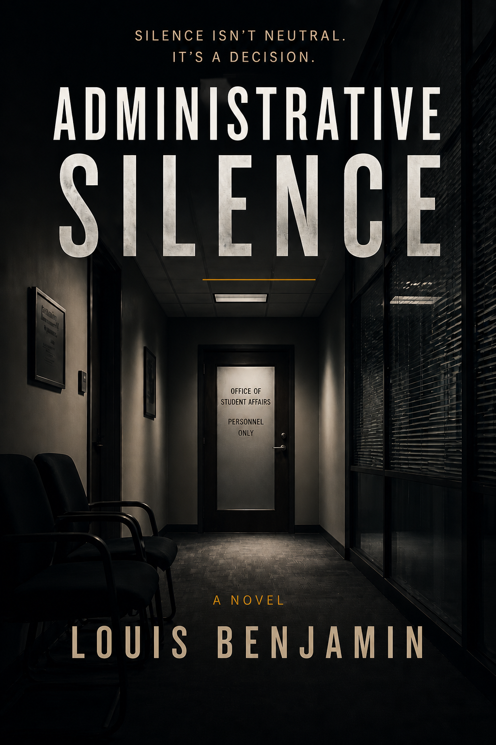 Cover of the novel 'Administrative Silence' by Louis Benjamin, depicting a dark, empty office hallway with a door labeled 'Office of Student Affairs Personnel Only'.