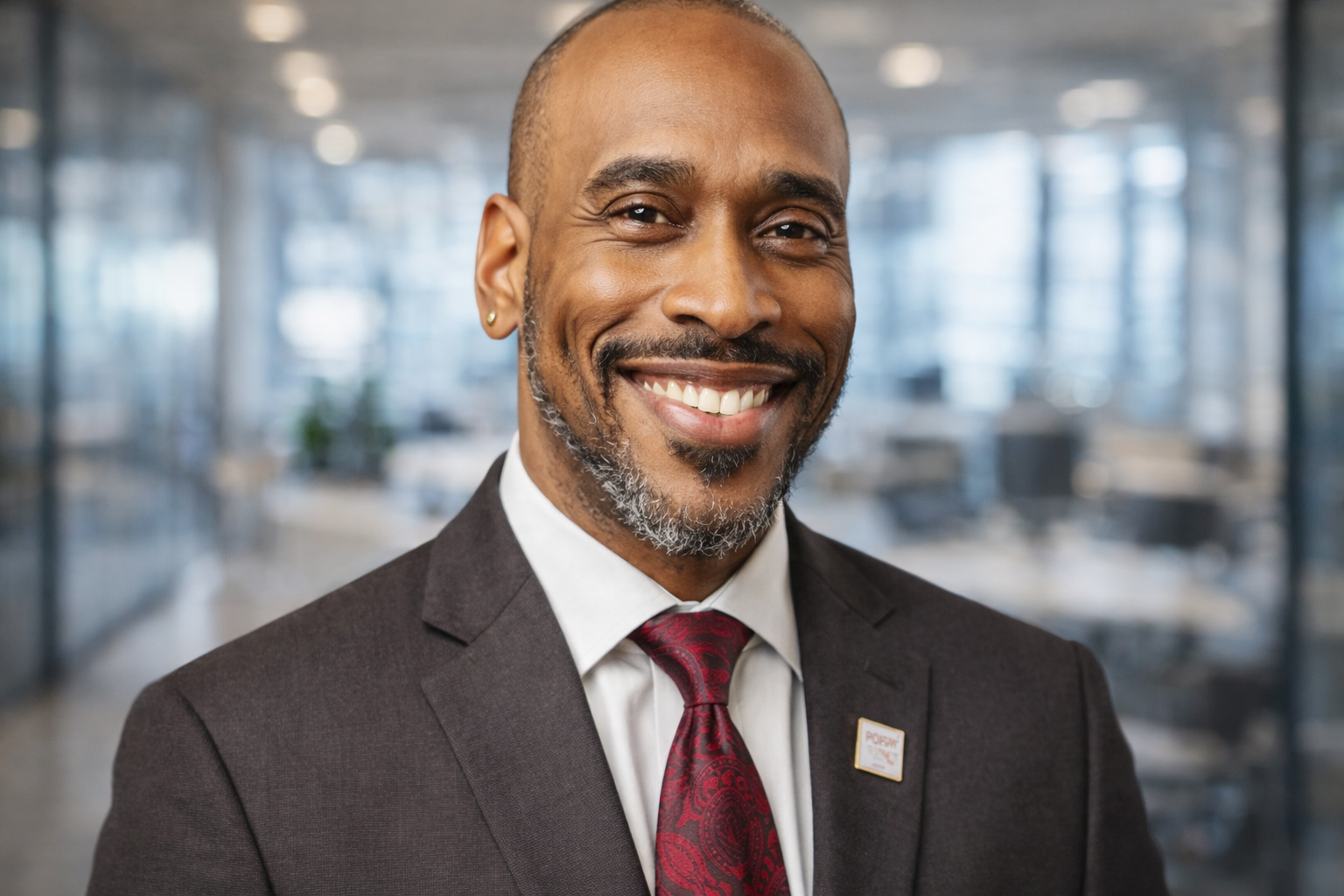 Smiling African American man in a dark suit, white shirt, and red patterned tie, wearing a pin on his lapel, against a solid blue background.