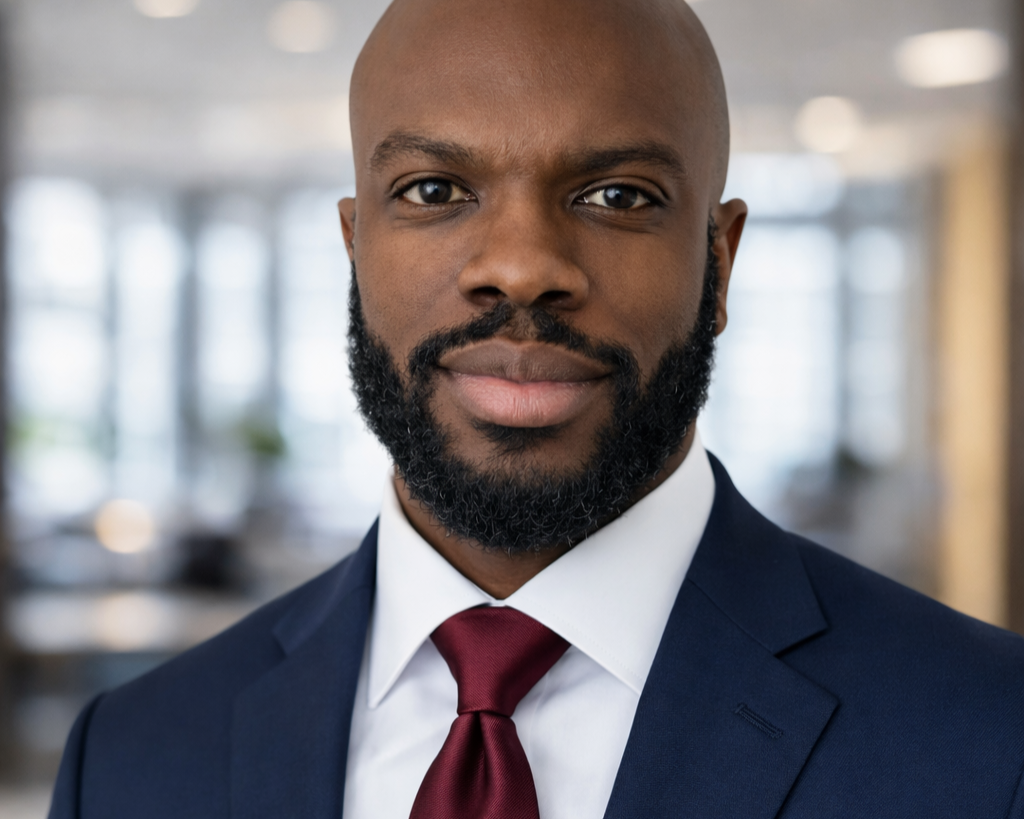 Yannick Brookes in blue suit, white shirt, and blue tie, on a white background.