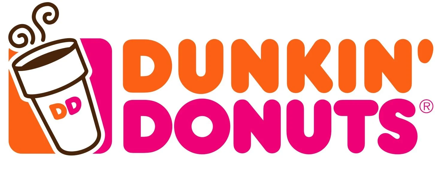 Logo of Dunkin' Donuts with a steaming coffee cup illustration and the brand name in orange and pink lettering.