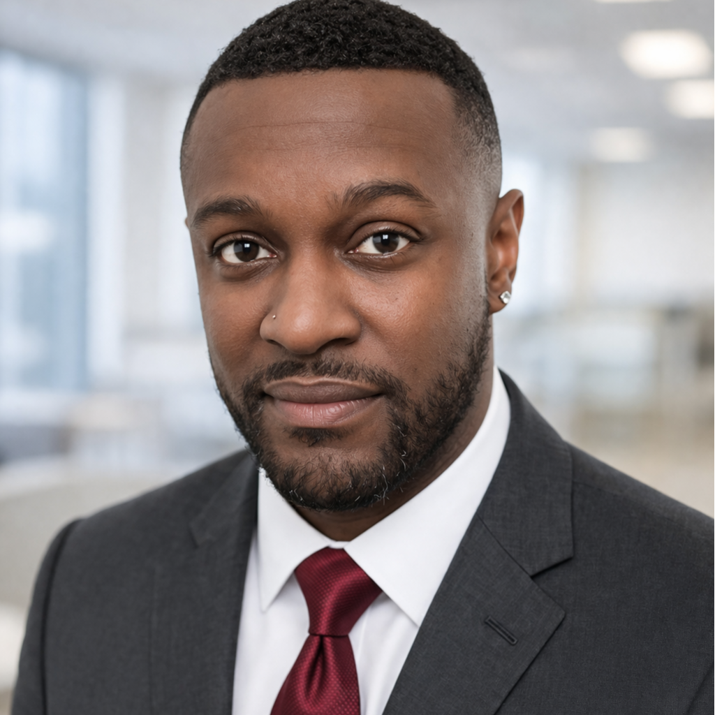 Close-up portrait of a young Black man in a business suit with a white shirt, maroon tie, and studs in his ears, standing in a modern office building.