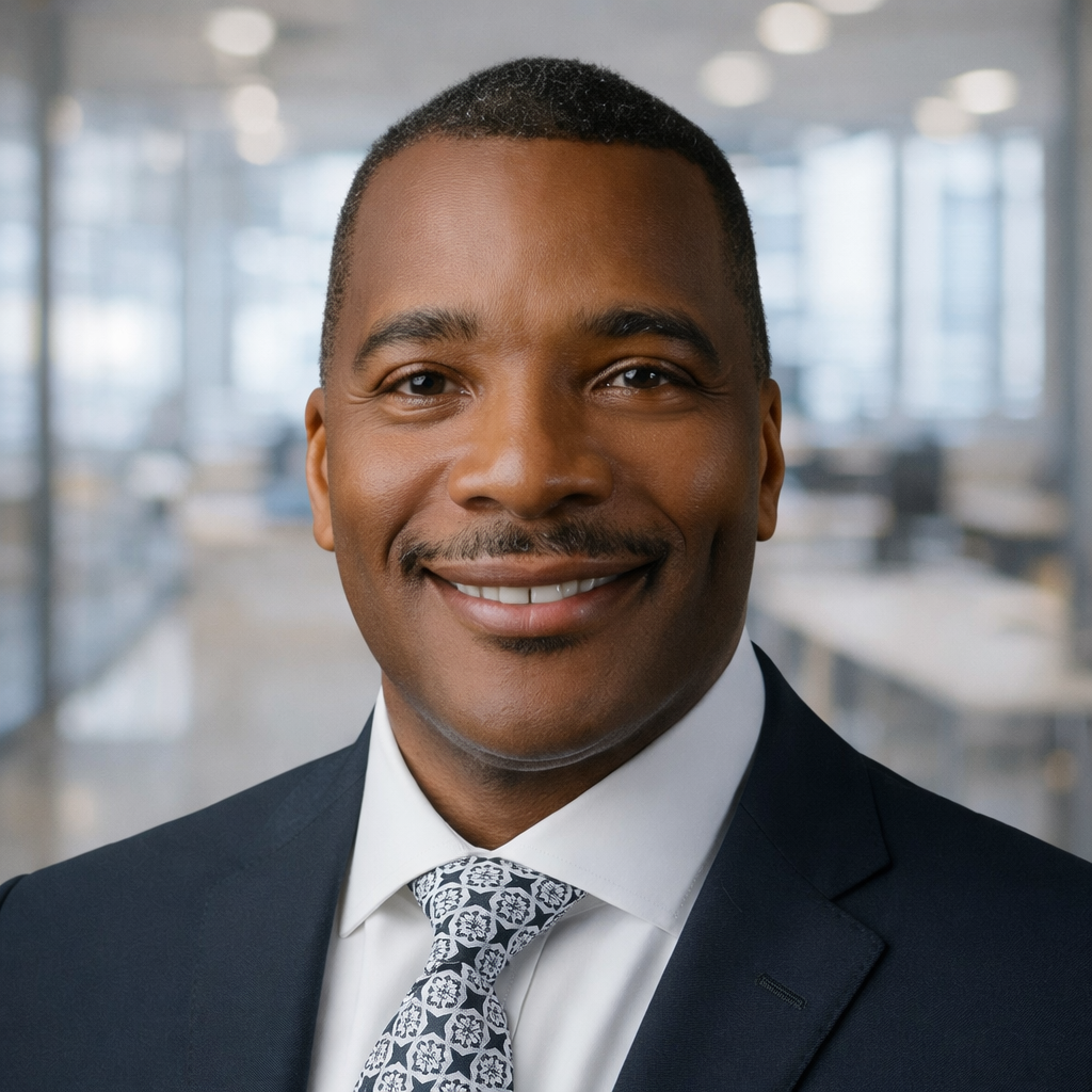Smiling man in a suit and patterned tie, dark background.