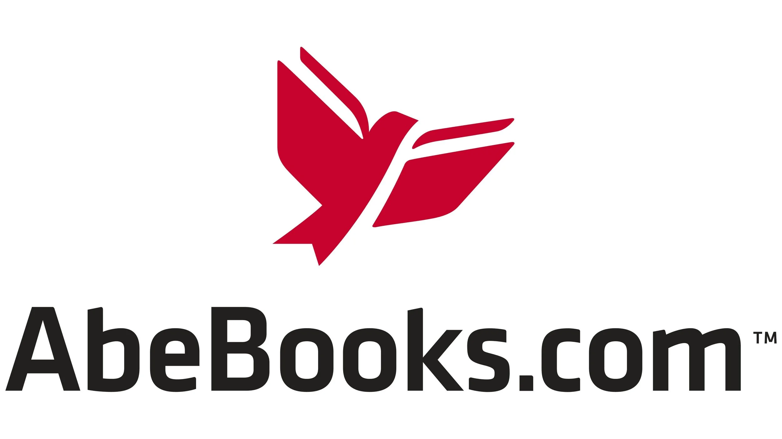 A red stylized open book with a calling hand shape formed in the pages, logo for AbeBooks.