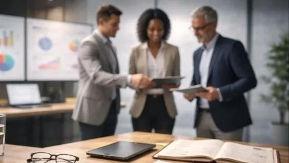 Three business professionals in discussion, two men and one woman, standing around a table with laptops and notebooks, in an office setting.