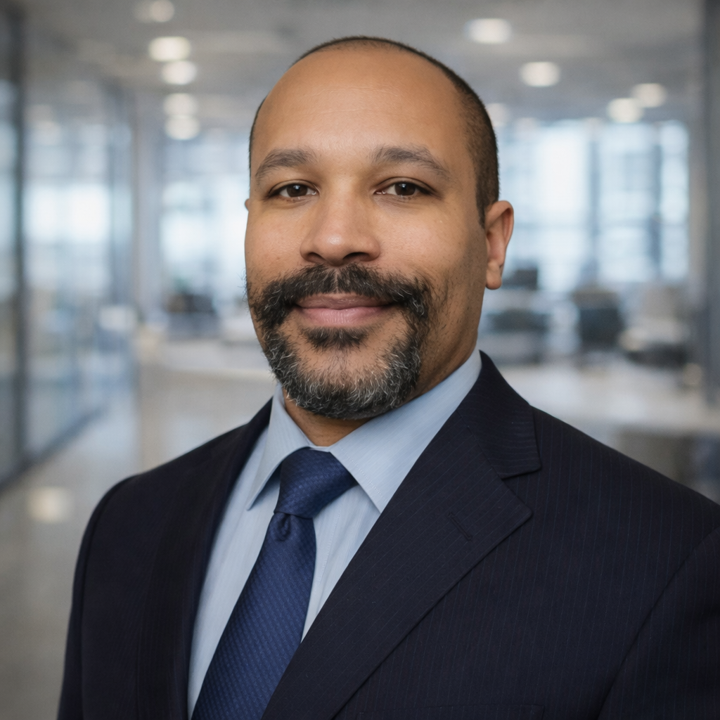 A professional man dressed in a dark suit, light blue shirt, and dark blue tie, standing in a modern office environment with large windows and blurred office furniture in the background.