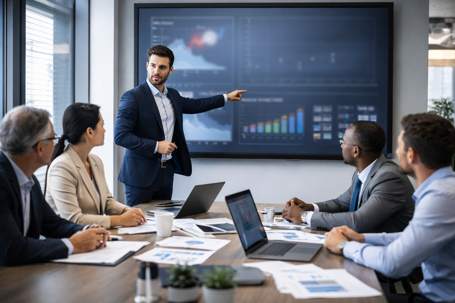 Business professional presenting data on a large screen to a diverse group of colleagues in a conference room.