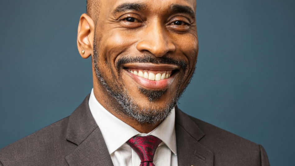 Close-up of a smiling African-American man wearing a gray suit, white dress shirt, and red patterned tie, with a blue background.