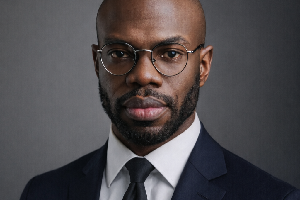 A portrait of a man with glasses, wearing a dark suit, white shirt, and black tie, against a gray background.