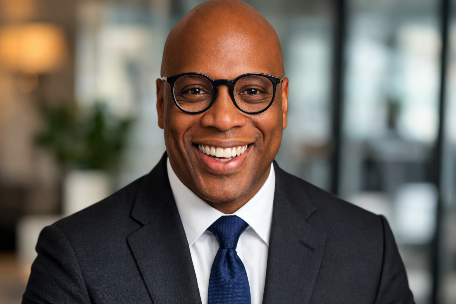 Smiling man in business suit wearing glasses