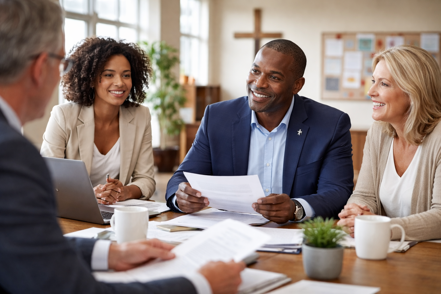 A diverse group of five adults sitting around a table in a meeting room, engaged in discussion with documents and laptops, smiling and conversing.