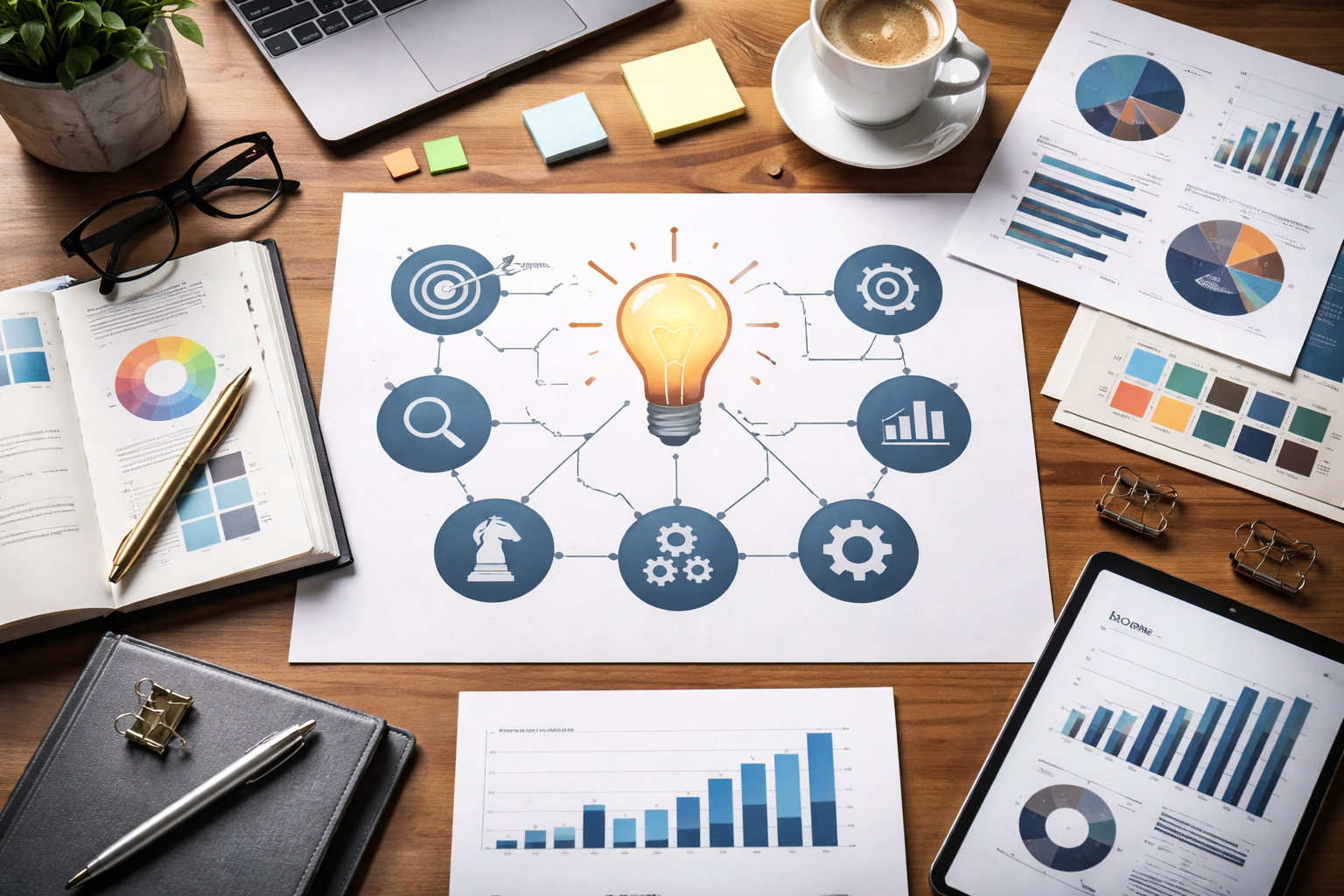 A workspace with various office items, including a graph with a lightbulb icon in the center, charts, notebooks, sticky notes, glasses, a pen, a laptop, a tablet, a cup of coffee, and small clips.