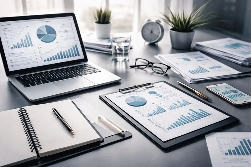 Office desk with laptop displaying charts, printed financial reports, notebooks, pens, glasses, a smartphone showing financial graphs, a glass of water, a clock, and potted plants.