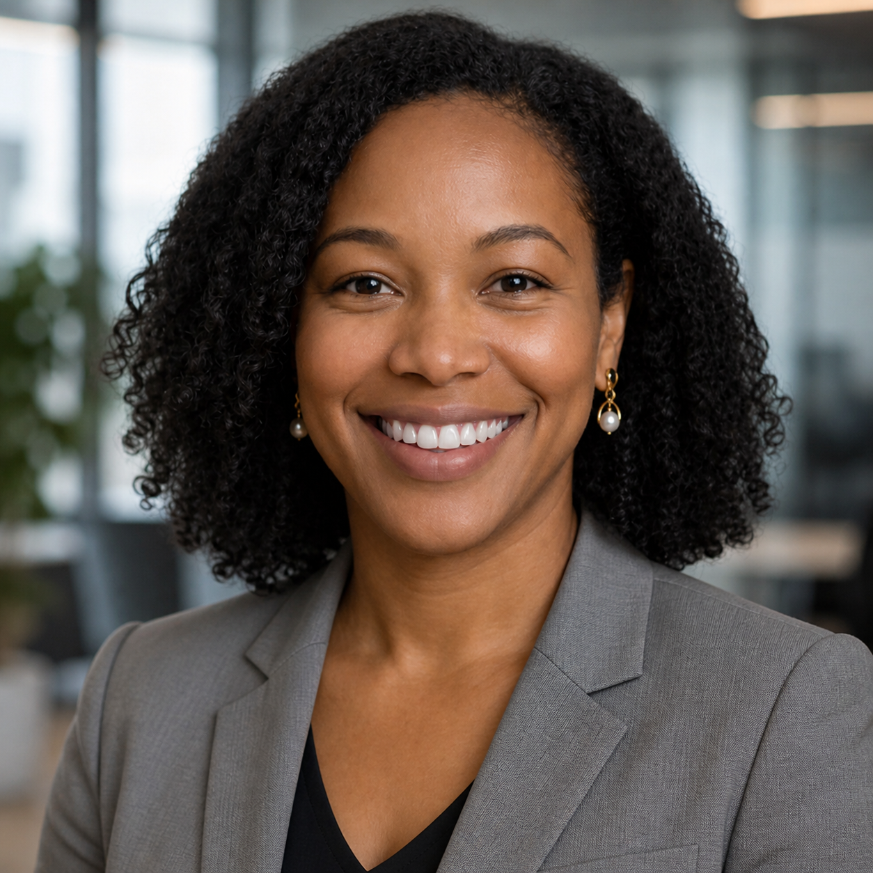 A woman with medium skin tone and curly black hair smiling at the camera, wearing a dark brown top and small earrings against a plain gray background.