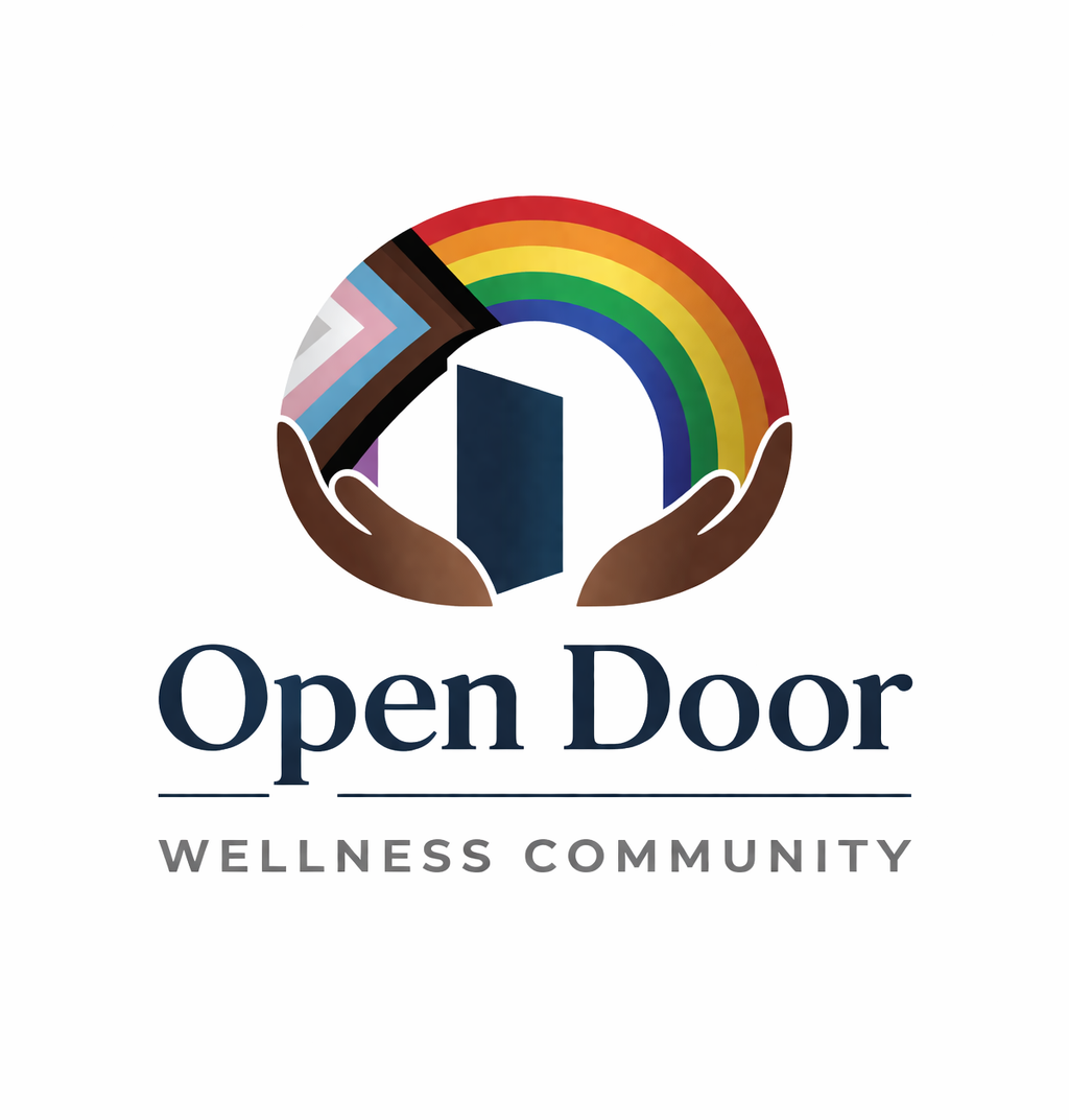 Logo for Open Door Wellness Community with a stylized open door, rainbow, and hands around it.