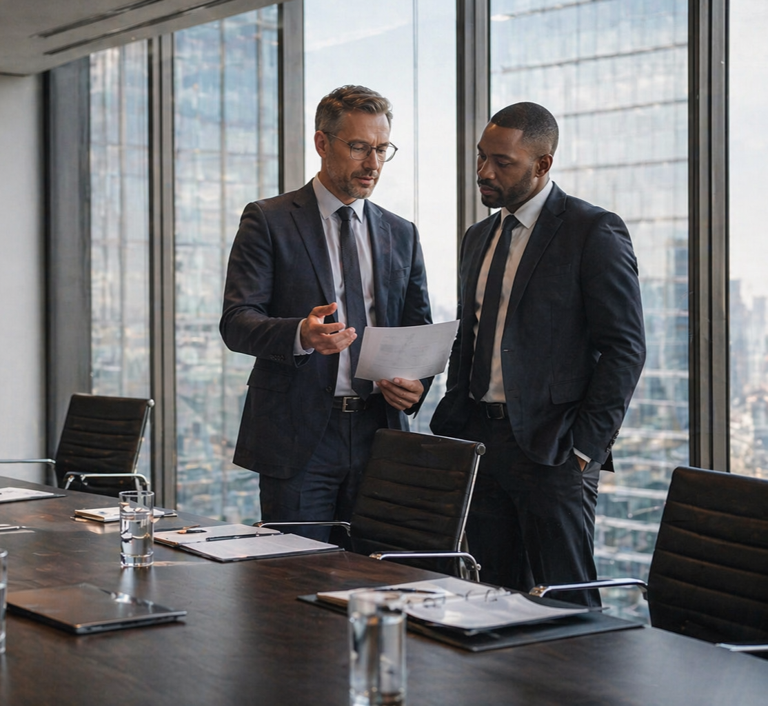 Two businessmen in suits having a discussion over a document in a modern conference room with large windows.