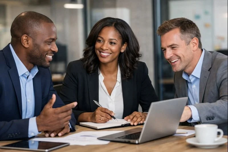 Three business professionals, two men and one woman, sitting at a table in a modern office, engaging in a discussion while looking at a laptop and notes, smiling and appearing collaborative.