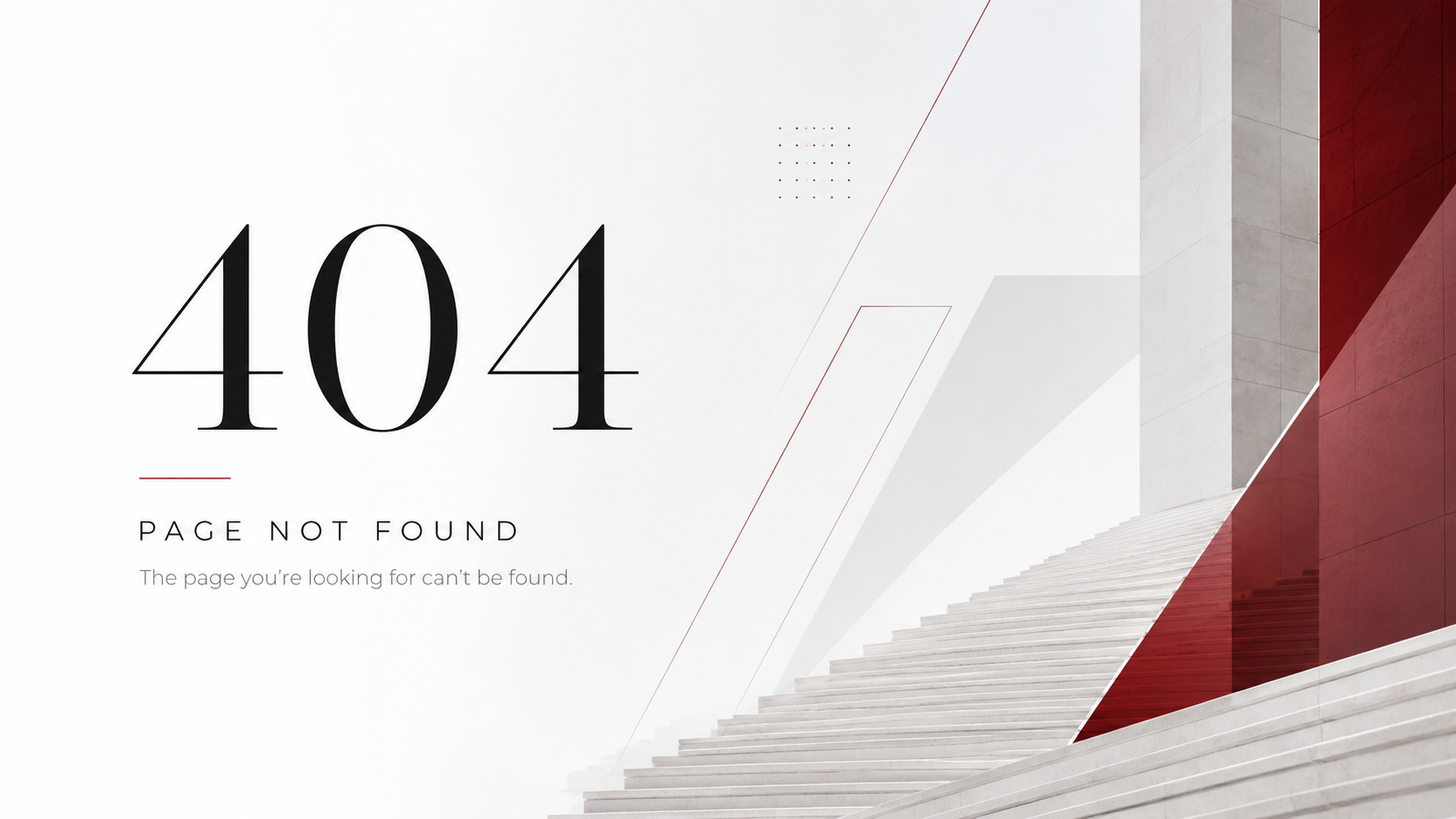 404 page not found error message with steps leading to a modern building.